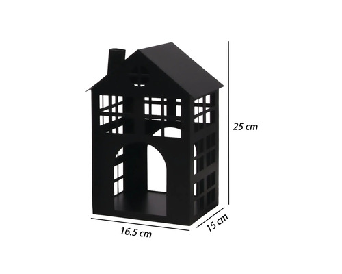 Zwart decoratief lantaarnhuisje van metaal met raamopeningen, hoogte 25 centimeter, breedte 16,5 centimeter, diepte 15 centimeter.