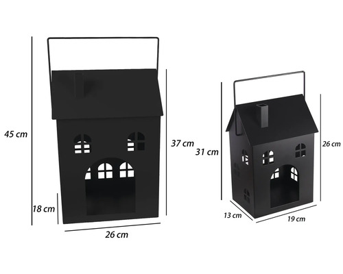 Twee zwarte metalen windlichten in de vorm van een huis met afmetingen in centimeter.