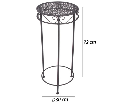 Metalen plantenstandaard met decoratieve krullen en geperforeerd rond blad, hoogte 72 centimeter, diameter 30 centimeter.