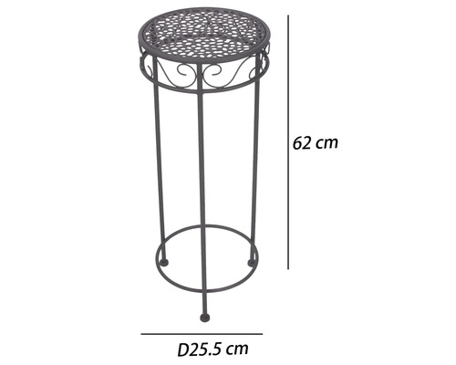 Hoge metalen plantenstandaard met gedecoreerd blad, hoogte 62 centimeter, diameter 25,5 centimeter.