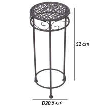 Ronde plantenstandaard van metaal met ornamenten, hoogte 52 centimeter, diameter 20,5 centimeter
