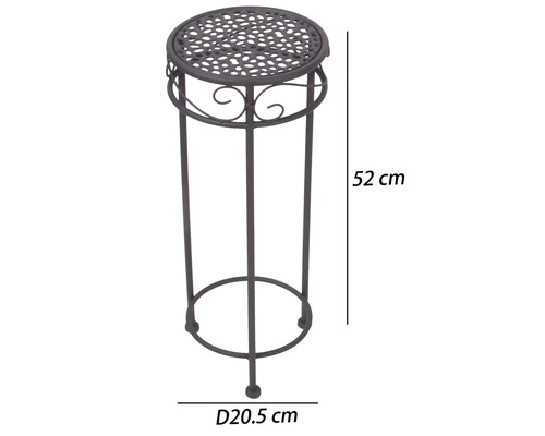 Ronde plantenstandaard van metaal met ornamenten, hoogte 52 centimeter, diameter 20,5 centimeter