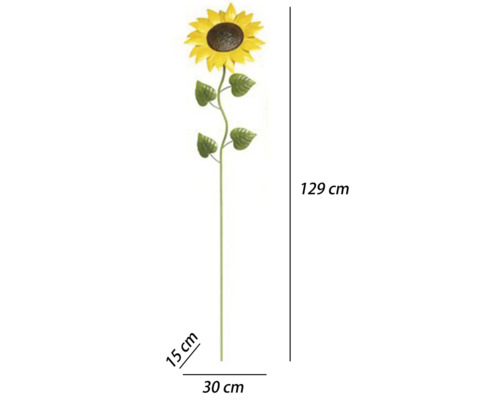 Tuinsteker in de vorm van een zonnebloem, hoogte 129 centimeter, breedte 30 centimeter, diepte 15 centimeter.