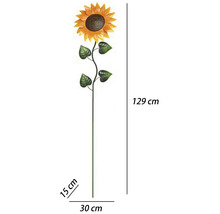 Tuinsteker zonnebloem van metaal, gele bloem, groene steel, hoogte 129 centimeter, breedte 30 centimeter, diepte 15 centimeter.