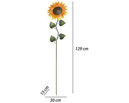 Tuinsteker zonnebloem van metaal, gele bloem, groene steel, hoogte 129 centimeter, breedte 30 centimeter, diepte 15 centimeter.