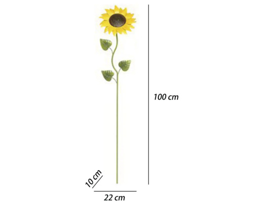 Tuinsteker zonnebloem van metaal, hoogte 100 centimeter, breedte 22 centimeter, diepte 10 centimeter, geel en groen.