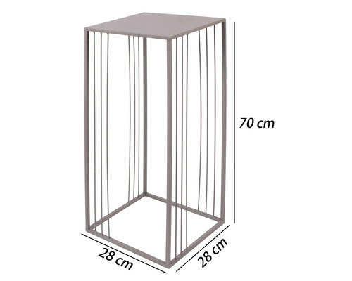 Vierkante metalen plantentafel, 70 centimeter hoog, 28 centimeter breed en 28 centimeter diep.
