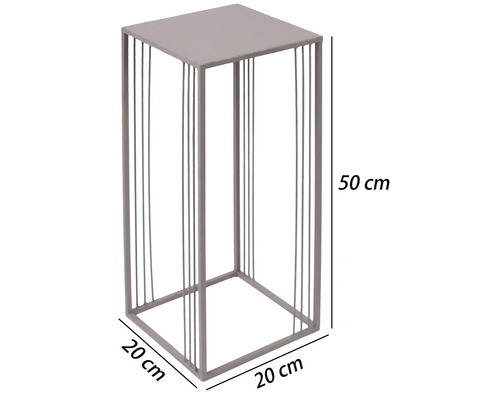 Vierkante metalen plantenstandaard met een hoogte van 50 centimeter en een breedte en diepte van 20 centimeter.