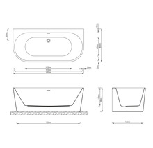 Technische tekening van een bad met afmetingen in millimeter, bovenaanzicht, vooraanzicht en zijaanzicht.
