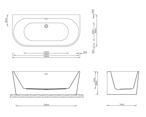 Technische tekening van een bad met afmetingen in millimeter, bovenaanzicht, vooraanzicht en zijaanzicht.