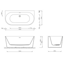 Maattekening van een badkuip met afmetingen van 1490 millimeter lengte, 750 millimeter breedte en 580 millimeter hoogte.