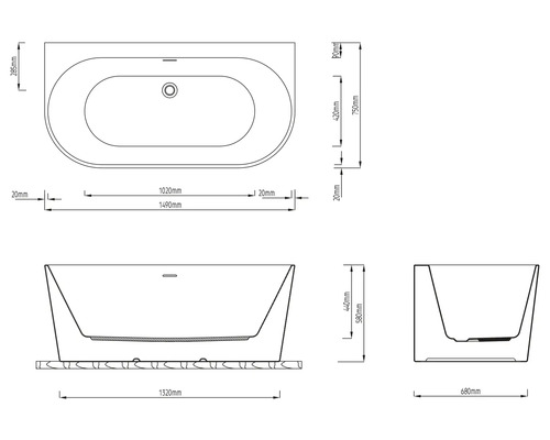 Maattekening van een badkuip met afmetingen van 1490 millimeter lengte, 750 millimeter breedte en 580 millimeter hoogte.