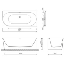 Technische tekening van een badkuip met afmetingen in millimeter voor lengte, breedte en hoogte in bovenaanzicht, vooraanzicht en zijaanzicht.