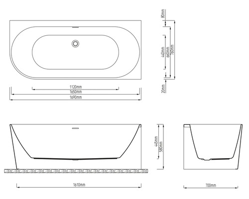 Technische tekening van een badkuip met afmetingen in millimeter voor lengte, breedte en hoogte in bovenaanzicht, vooraanzicht en zijaanzicht.