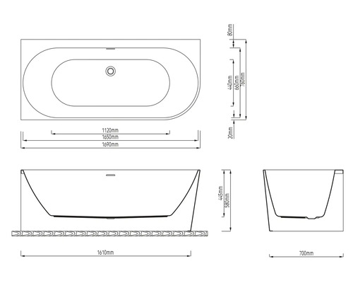 Technische tekening van een bad met afmetingen in millimeter: lengte 1690, breedte 760, hoogte 580.