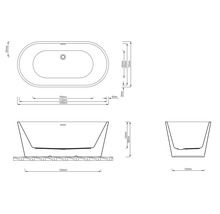 Technische tekening van een vrijstaand bad met afmetingen in millimeters voor lengte, breedte en hoogte.