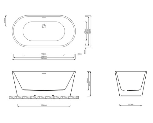 Technische tekening van een vrijstaand bad met afmetingen in millimeters voor lengte, breedte en hoogte.