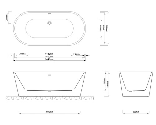 Technische tekening van een ovaal vrijstaand bad met maten: lengte 1690 millimeter, breedte 800 millimeter, hoogte 580 millimeter.