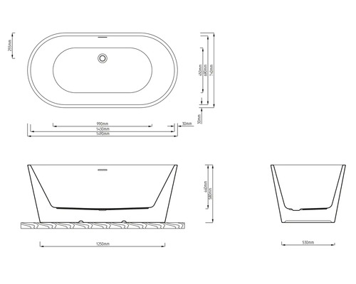 Technische tekening van een ovaal ligbad, lengte 1490 millimeter, breedte 740 millimeter, hoogte 580 millimeter.
