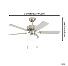 Plafondventilator met verlichting en 5 bladen, diameter 106,6 centimeter, hoogte 46,1 centimeter, bediening met trekschakelaar.