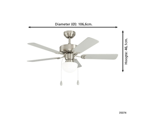Plafondventilator met verlichting en 5 bladen, diameter 106,6 centimeter, hoogte 46,1 centimeter, bediening met trekschakelaar.