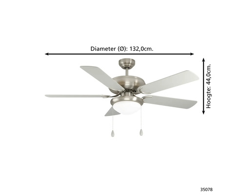 Plafondventilator met 5 bladen en verlichting, trekschakelaars, diameter 132,0 centimeter, hoogte 44,0 centimeter.