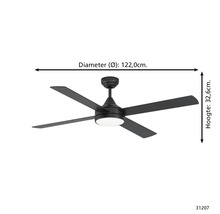 Plafondventilator met verlichting, diameter 122,0 centimeter, hoogte 32,6 centimeter.