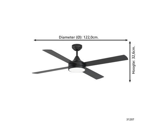 Plafondventilator met verlichting, diameter 122,0 centimeter, hoogte 32,6 centimeter.