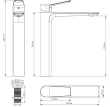 Maatschets van een wastafelkraan met afmetingen in millimeters. De totale hoogte bedraagt 284,5 millimeter.