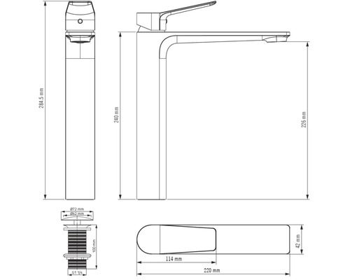 Maatschets van een wastafelkraan met afmetingen in millimeters. De totale hoogte bedraagt 284,5 millimeter.