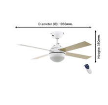 Plafondventilator met verlichting en afstandsbediening, diameter 1066 millimeter, hoogte 360 millimeter.