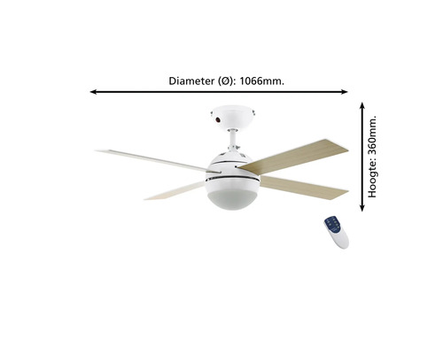 Plafondventilator met verlichting en afstandsbediening, diameter 1066 millimeter, hoogte 360 millimeter.