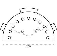 Technische tekening van een halfronde plaat met gaten, diameter tweehonderd millimeter, straal vijfenzeventig en honderd millimeter.