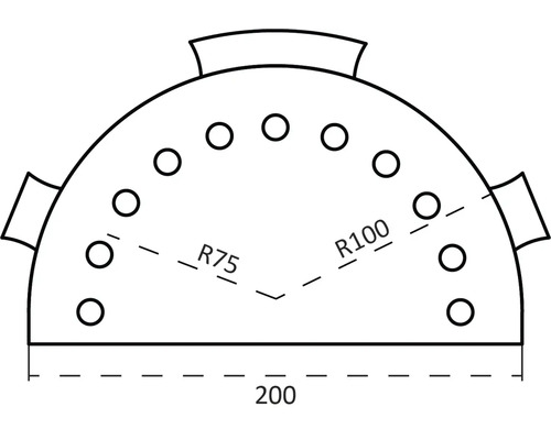 Technische tekening van een halfronde plaat met gaten, diameter tweehonderd millimeter, straal vijfenzeventig en honderd millimeter.