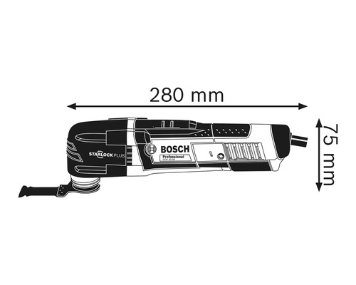 Bosch Professional multitool met afmetingen: lengte 280 millimeter en hoogte 75 millimeter.
