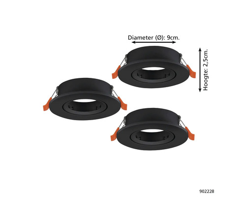 Set van drie zwarte inbouwspots met een diameter van 9 centimeter en een hoogte van 2,5 centimeter.