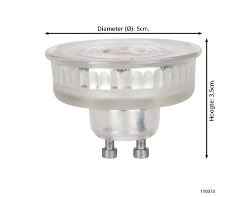 LED lamp GU10 met een diameter van 5 centimeter en een hoogte van 3,5 centimeter.