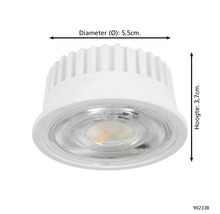 Ronde witte LED-module, diameter 5,5 centimeter, hoogte 3,7 centimeter, behuizing met koelribben.