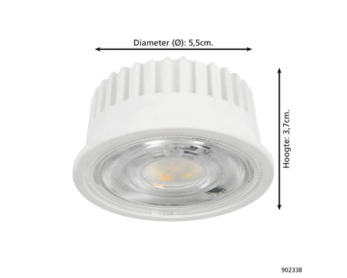 Ronde witte LED-module, diameter 5,5 centimeter, hoogte 3,7 centimeter, behuizing met koelribben.