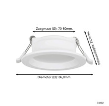 Witte LED inbouwspot: zaagmaat 70 tot 80 millimeter, diameter 86 millimeter, inbouwdiepte 31 millimeter.