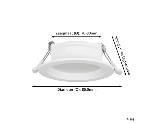 Witte LED inbouwspot: zaagmaat 70 tot 80 millimeter, diameter 86 millimeter, inbouwdiepte 31 millimeter.