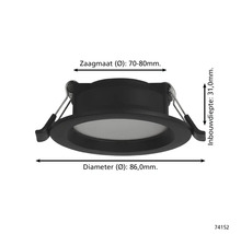 LED inbouwspot met afmetingen: diameter 86,0 millimeter, zaagmaat 70 tot 80 millimeter en inbouwdiepte 31,0 millimeter.