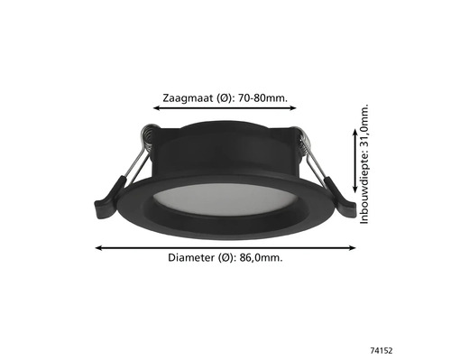 LED inbouwspot met afmetingen: diameter 86,0 millimeter, zaagmaat 70 tot 80 millimeter en inbouwdiepte 31,0 millimeter.