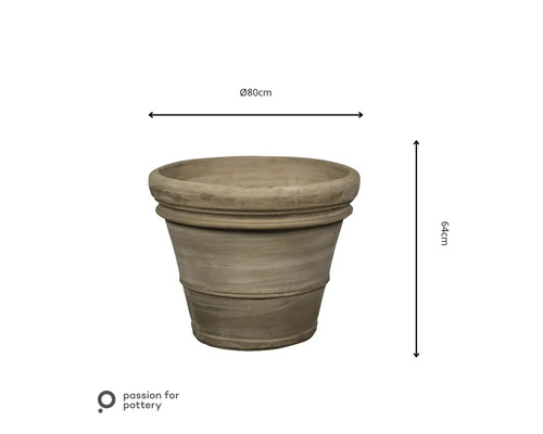 Plantenbak van terracotta, diameter 80 centimeter, hoogte 64 centimeter, Passion for pottery Logo.