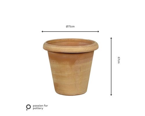 Terracotta bloempot met een diameter van 75 centimeter en een hoogte van 67 centimeter.