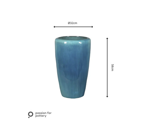 Hoge, conische keramische bloempot in blauw, diameter 32 centimeter, hoogte 58 centimeter, passion for pottery Logo.