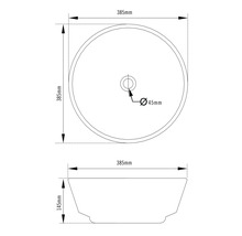 Maattekening van een ronde opzetwastafel: diameter 385 millimeter, hoogte 145 millimeter, afvoeropening 45 millimeter.