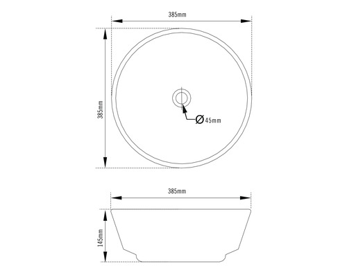 Maattekening van een ronde opzetwastafel: diameter 385 millimeter, hoogte 145 millimeter, afvoeropening 45 millimeter.