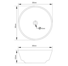 Maattekening ronde opzetwastafel: diameter 385 millimeter, hoogte 145 millimeter, afvoergat 45 millimeter.