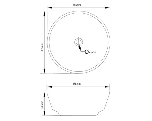 Maattekening ronde opzetwastafel: diameter 385 millimeter, hoogte 145 millimeter, afvoergat 45 millimeter.